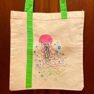 Reusable tote shopper hand embroidered Jellyfish bubbles mermaid core beaded